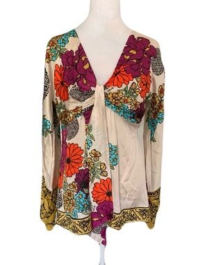 Hale Bob Medium Silk Blend V Neck Floral Retro Inspired 60s 70s Blouse Festival